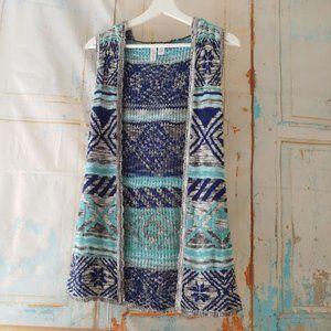Full Tilt hooded sleeveless woven sweater cardigan duster/S/blues & gray